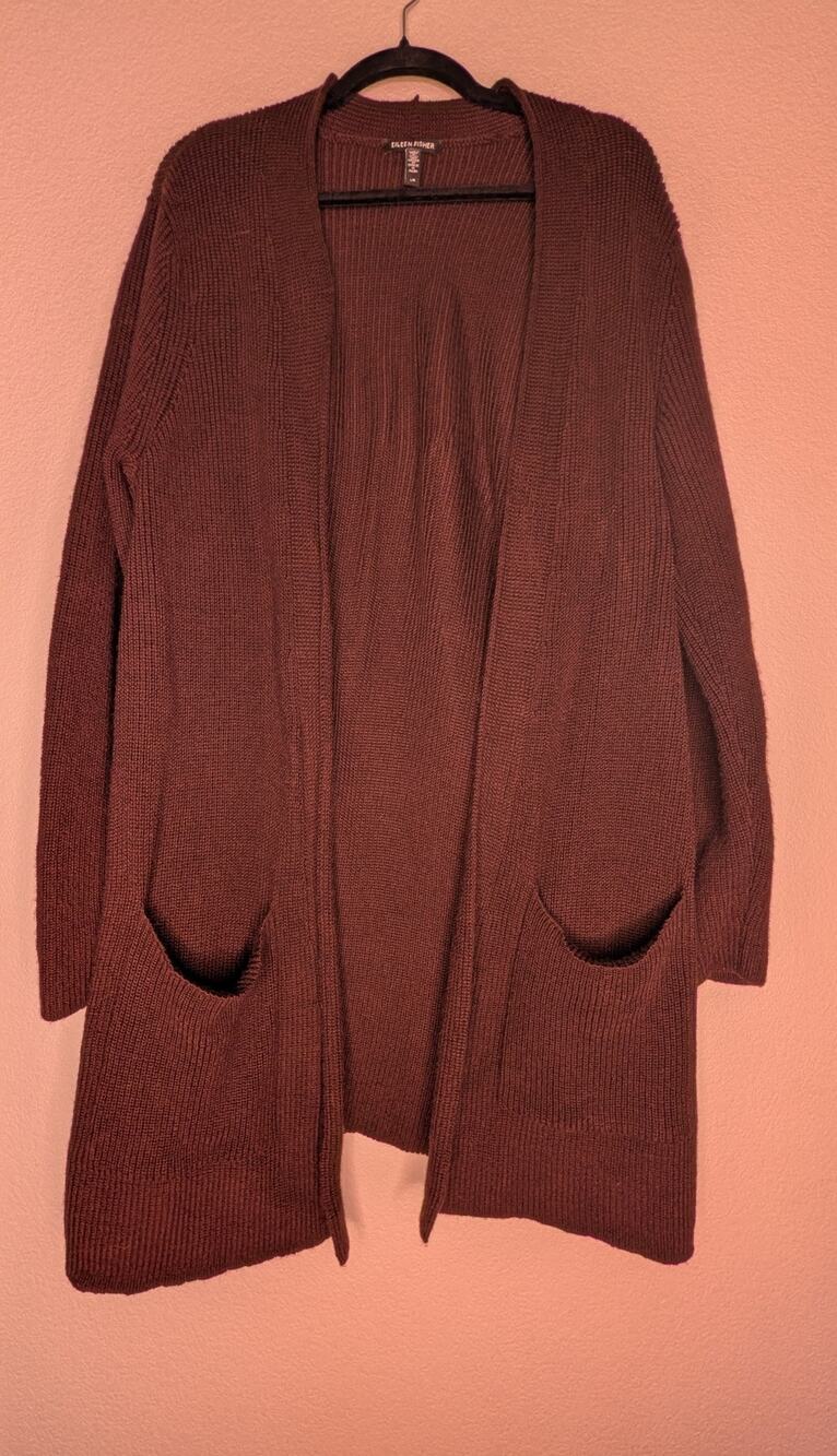 Eileen Fisher 100% Extra Fine Merino Wool Cardigan L Pockets Maroon Long Italian